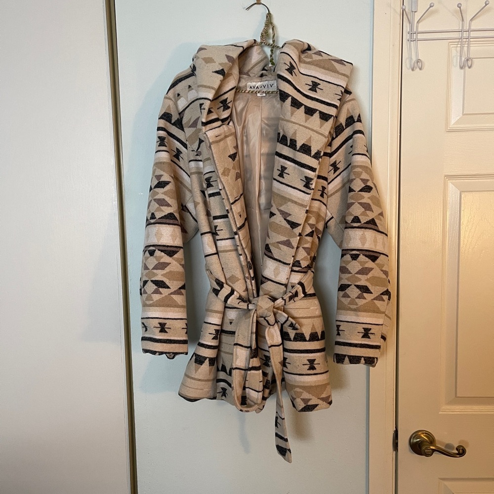 Hooded Aztec Print Coat